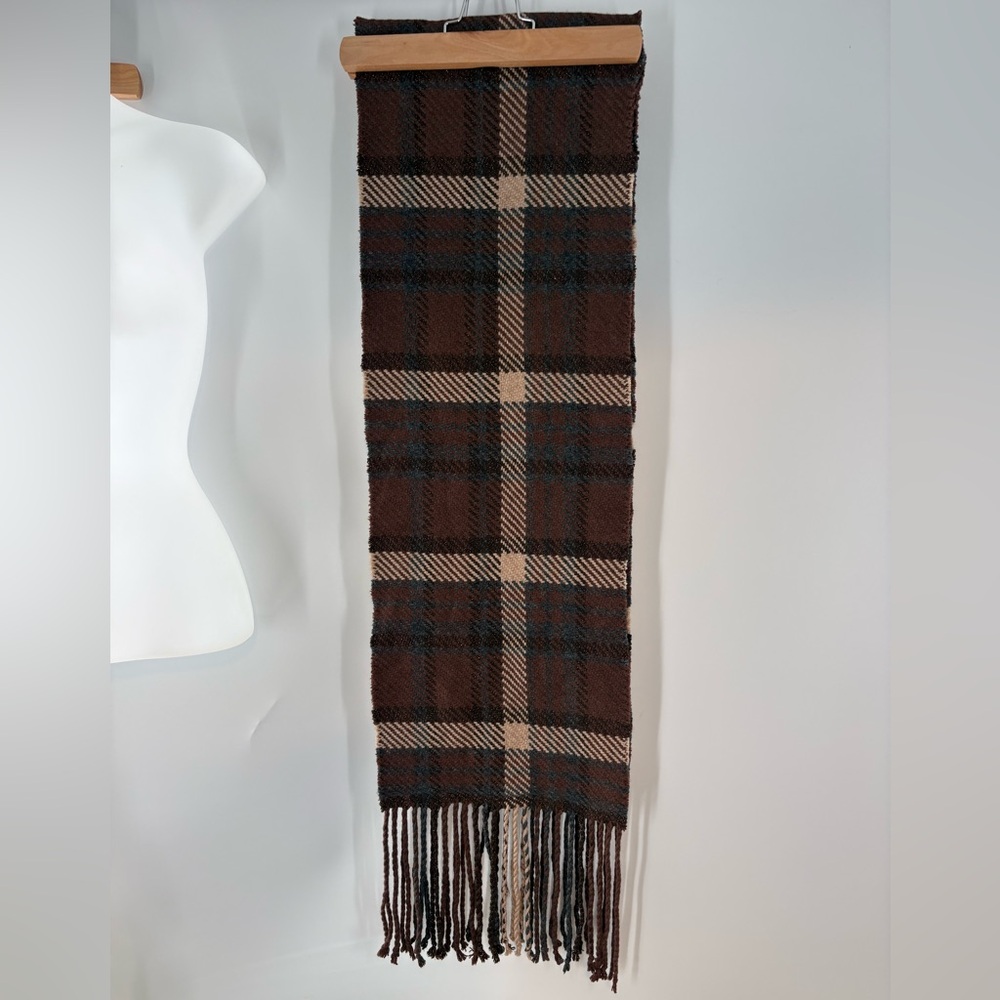 Johnston & Murphy Men's Unisex Brown Tartan Plaid Scarf - Wool Fringe - EUC